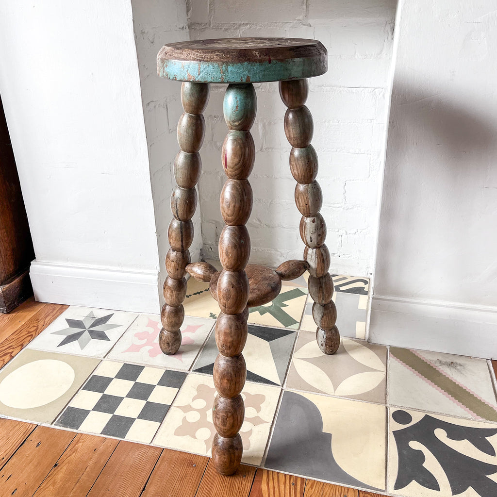 Tall Rustic French Vintage Stool With Chunky Bobbin Legs