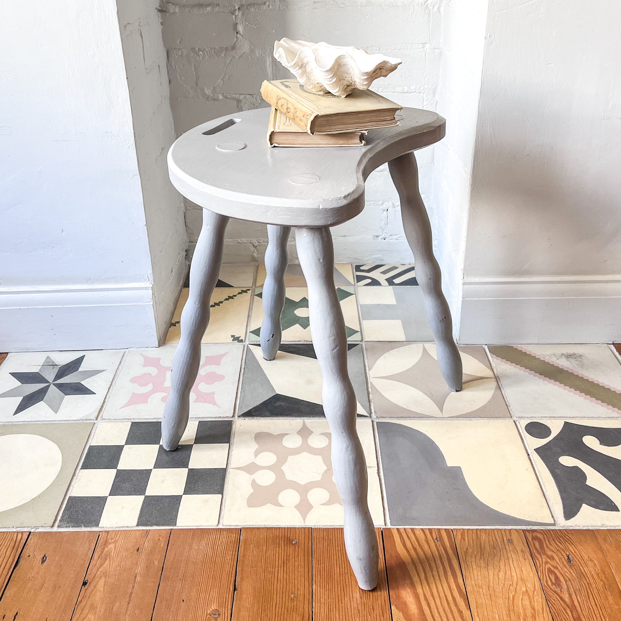 French Vintage Light Grey Painted Stool / Table With Bobbin Legs