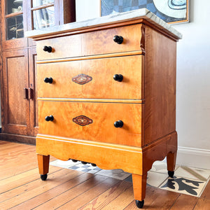 Early 20th Century Marble Top Birch Veneer Swedish Dresser Encrusted With Mother Of Pearl