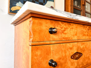 Early 20th Century Marble Top Birch Veneer Swedish Dresser Encrusted With Mother Of Pearl