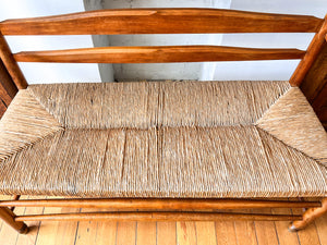 Antique Beech Rail Back Bench With Rush Seat