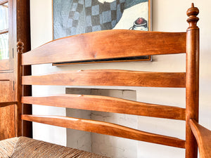 Antique Beech Rail Back Bench With Rush Seat