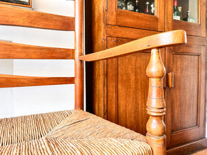 Antique Beech Rail Back Bench With Rush Seat