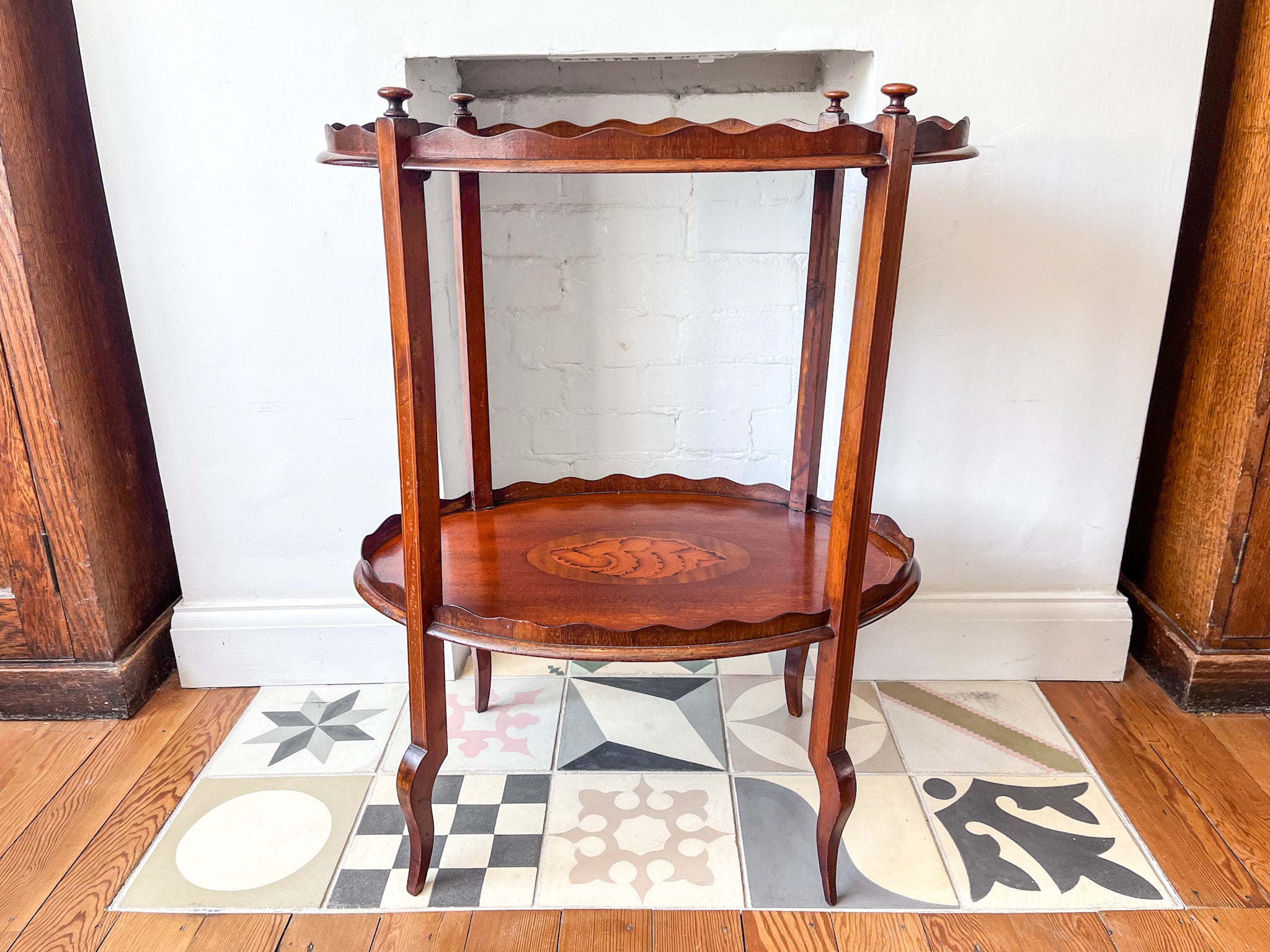 Antique Scalloped Shell Inlaid Oval Etagere
