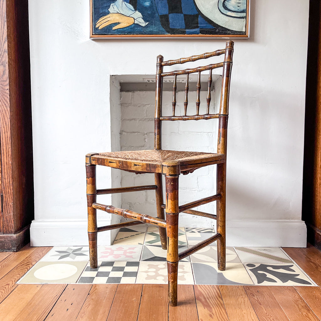 Regency Painted Faux Bamboo Occasional Chair With Rush Seat